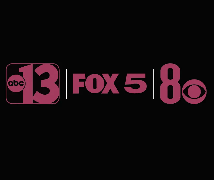 ABC 13, Fox 5, and 8 News Now logos – Las Vegas news stations featuring Viva Las Vegas Wedding Chapel