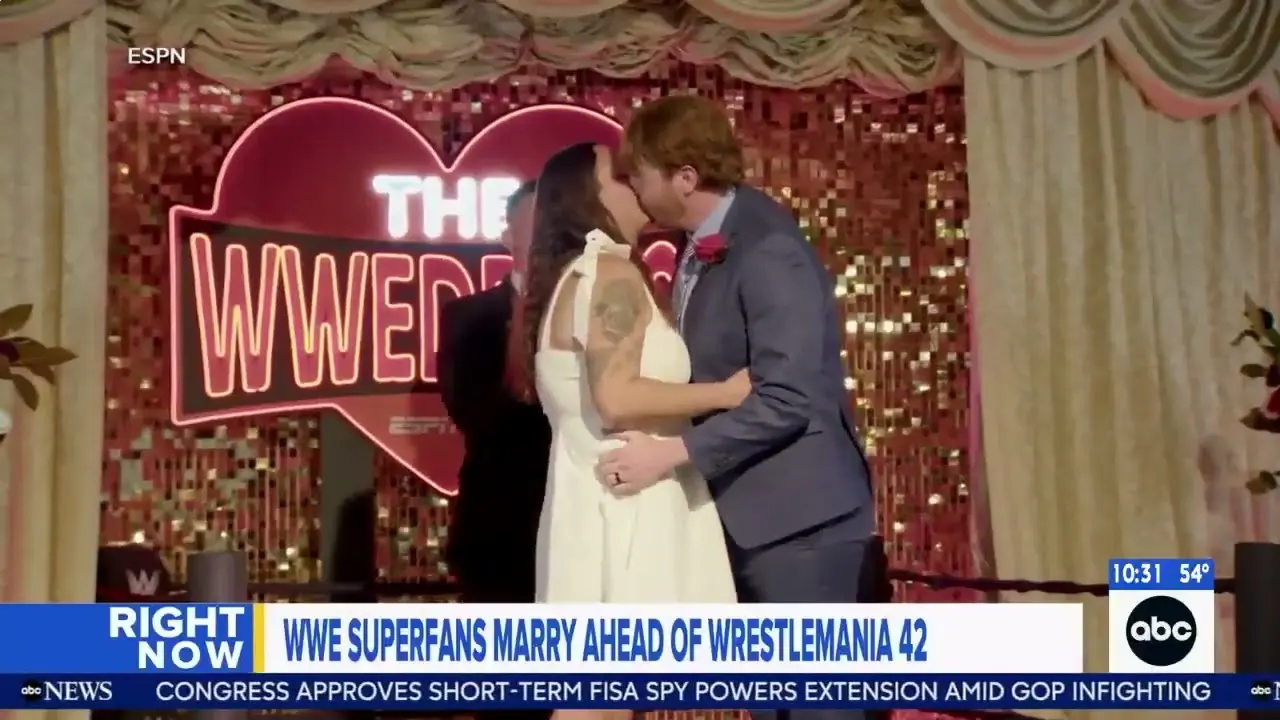 WWE superfans sharing first kiss at The WWedding ESPN event at Viva Las Vegas Weddings chapel ahead of WrestleMania 42 as featured on ABC News