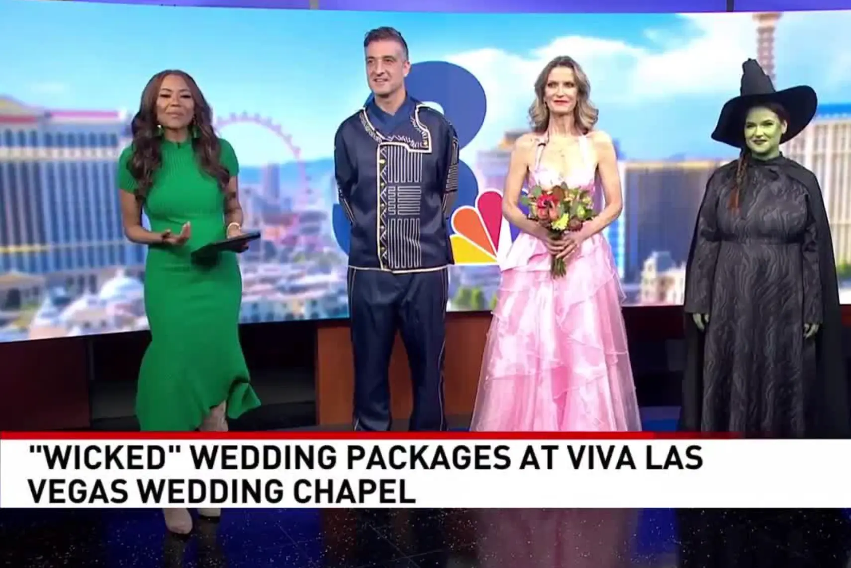 News 3 Las Vegas studio segment featuring Wicked-themed wedding packages at Viva Las Vegas Wedding Chapel with Glinda and Elphaba costumes