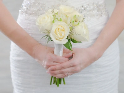 Classic six ivory rose hand-tied wedding bouquet