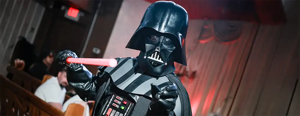 Galaxy warrior dark lord entertainer with a red lightsaber at a Vegas chapel