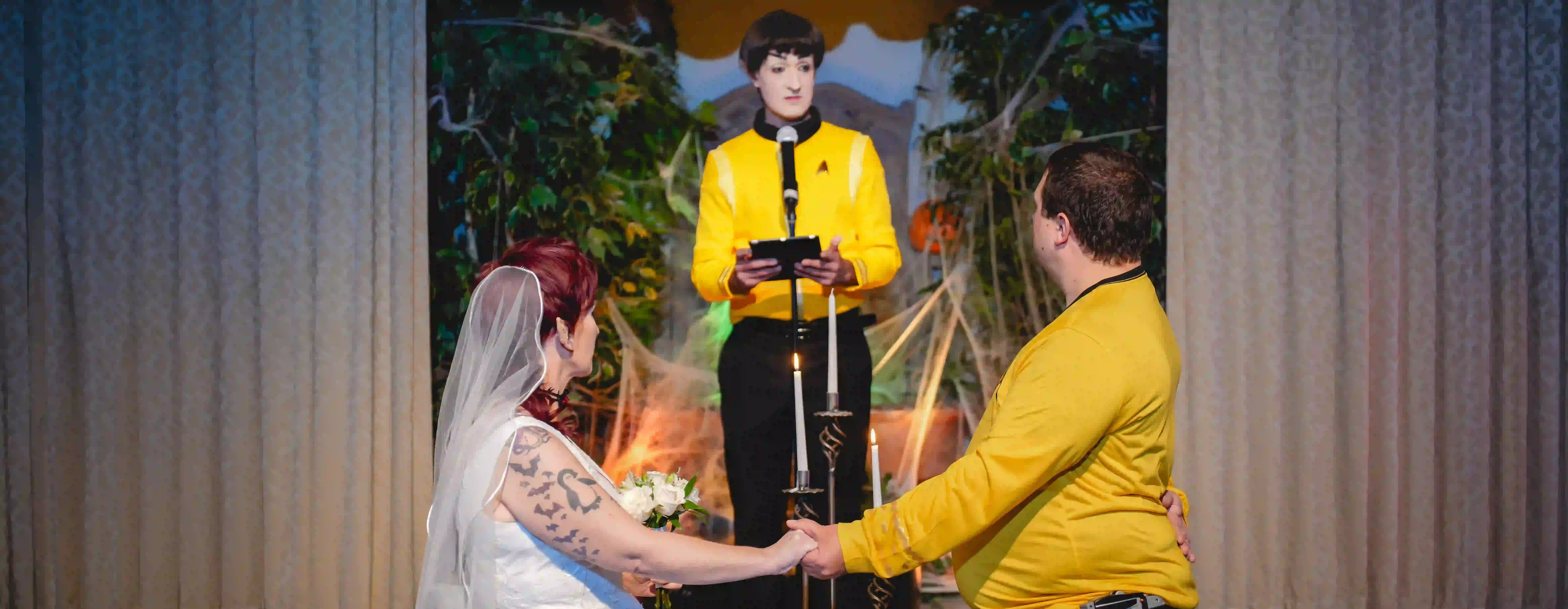 Star Trek entertainer officiates a themed wedding at a Las Vegas chapel
