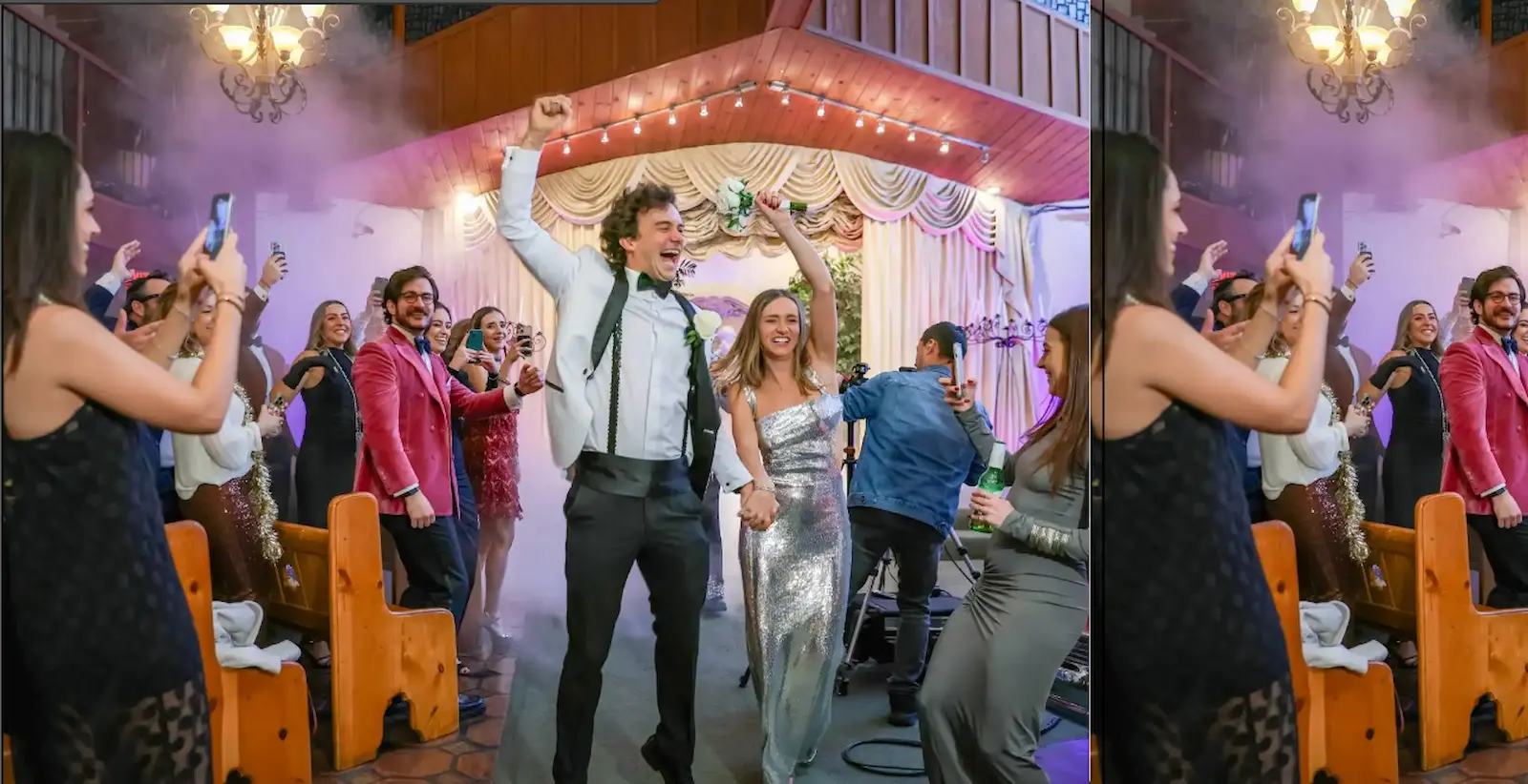Newlywed couple celebrating walking down the aisle while guests cheer and take photos with stage fog at a Las Vegas wedding chapel