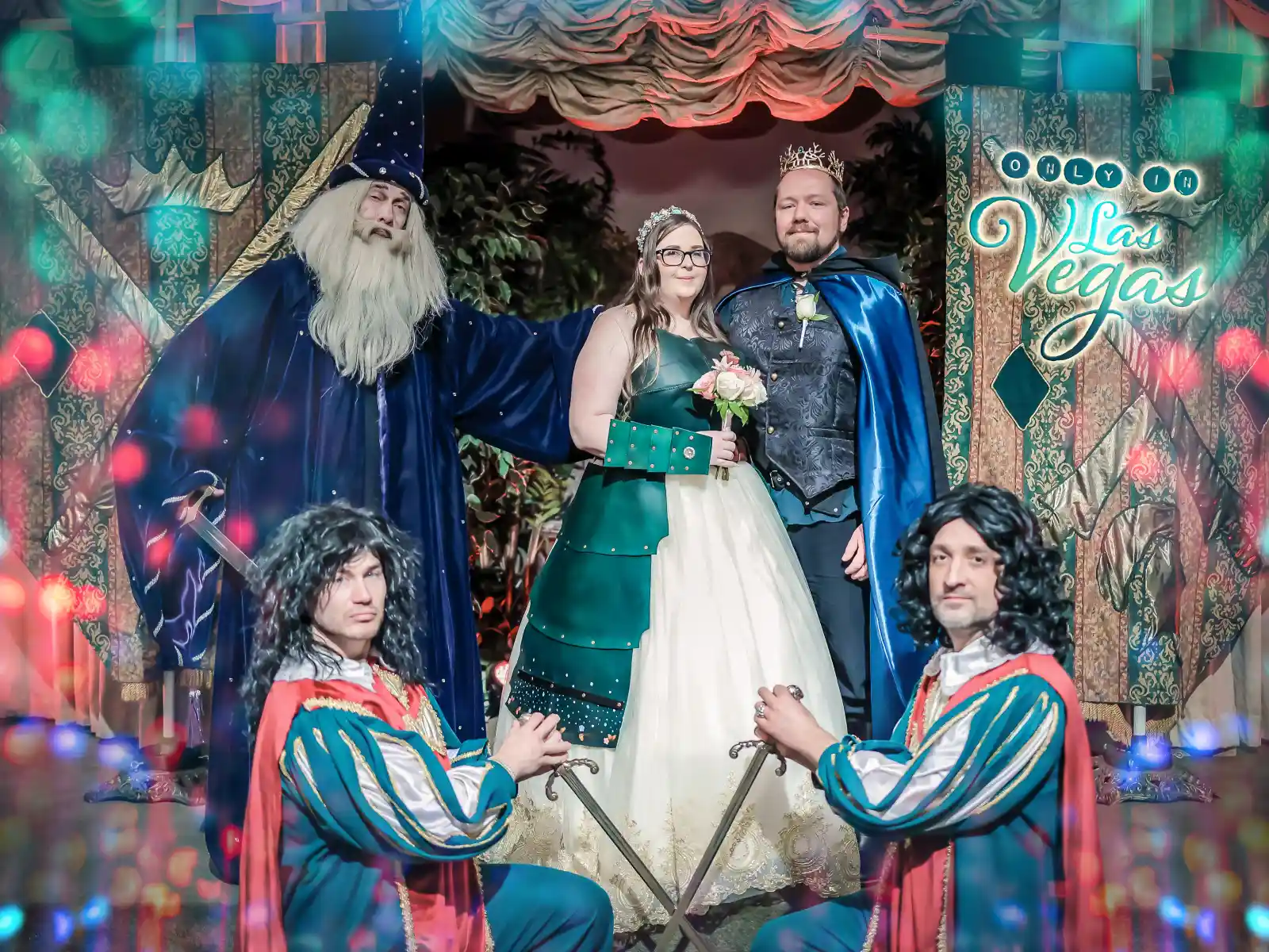 A couple dressed in royal wedding attire standing with a wizard officiant and knights in a Las Vegas themed wedding chapel.