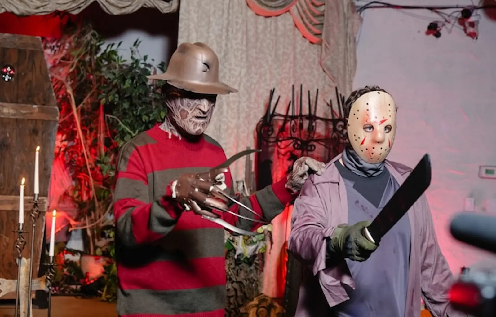 Freddy Krueger and Jason Voorhees costumed characters at horror themed wedding at Viva Las Vegas Wedding Chapel