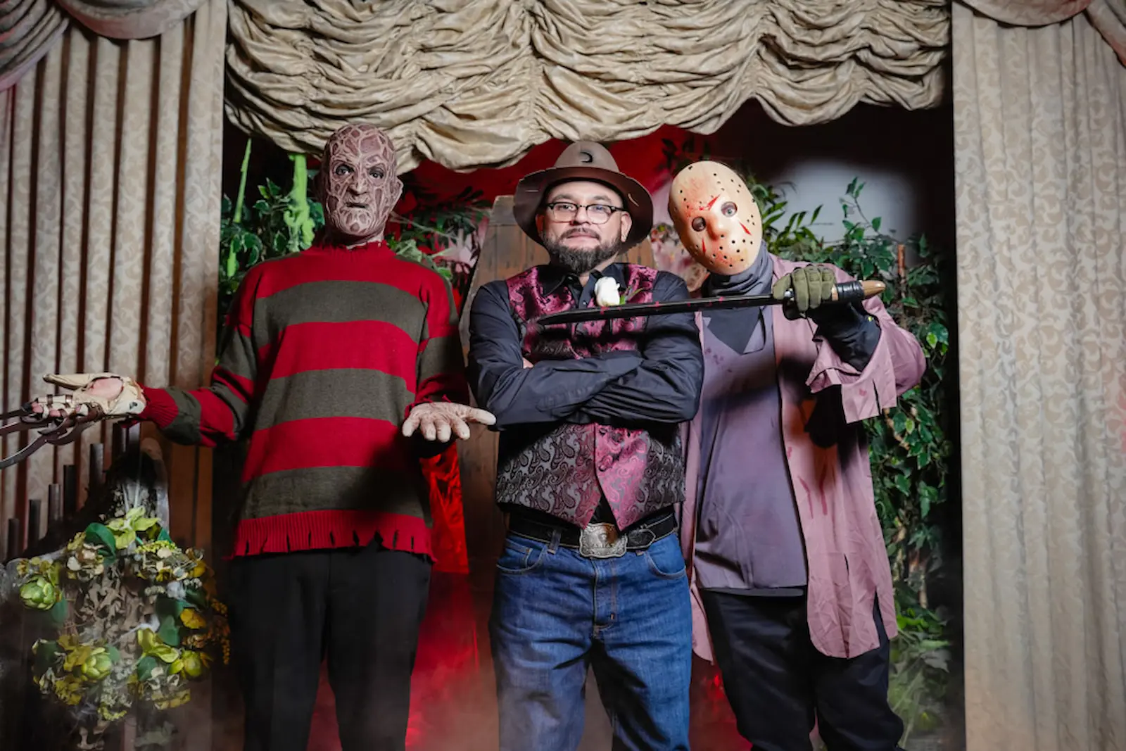 Freddy Krueger and Jason Voorhees costumed characters at horror themed wedding at Viva Las Vegas Wedding Chapel