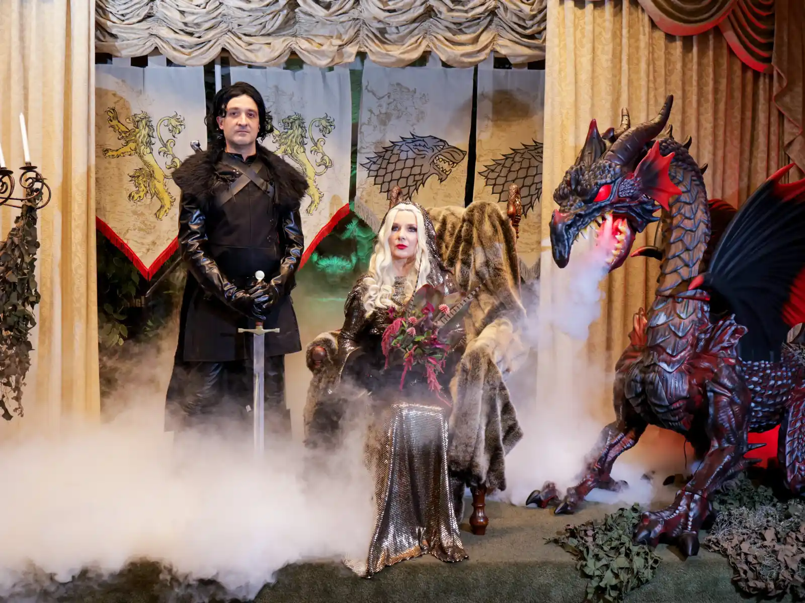 Game of Thrones themed wedding couple dragon prop fog effects Las Vegas chapel