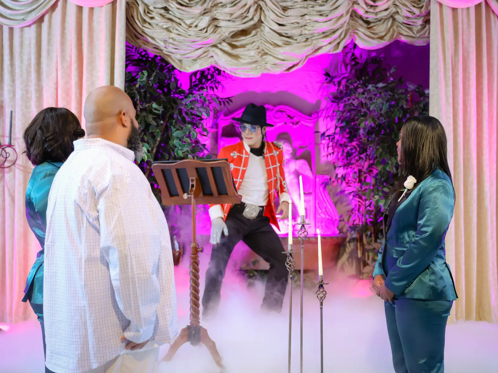 michael jackson impersonator performing in fog during wedding ceremony entrance