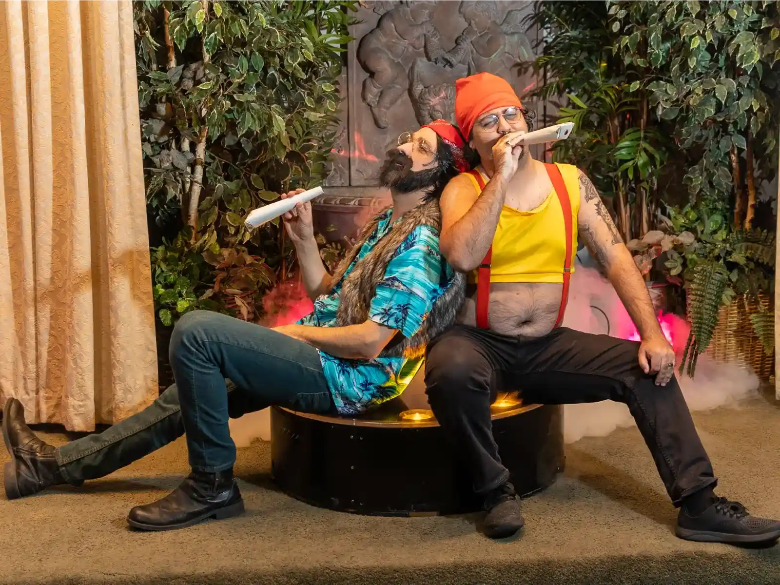 funny hippie style wedding performers smoking props in themed las vegas ceremony