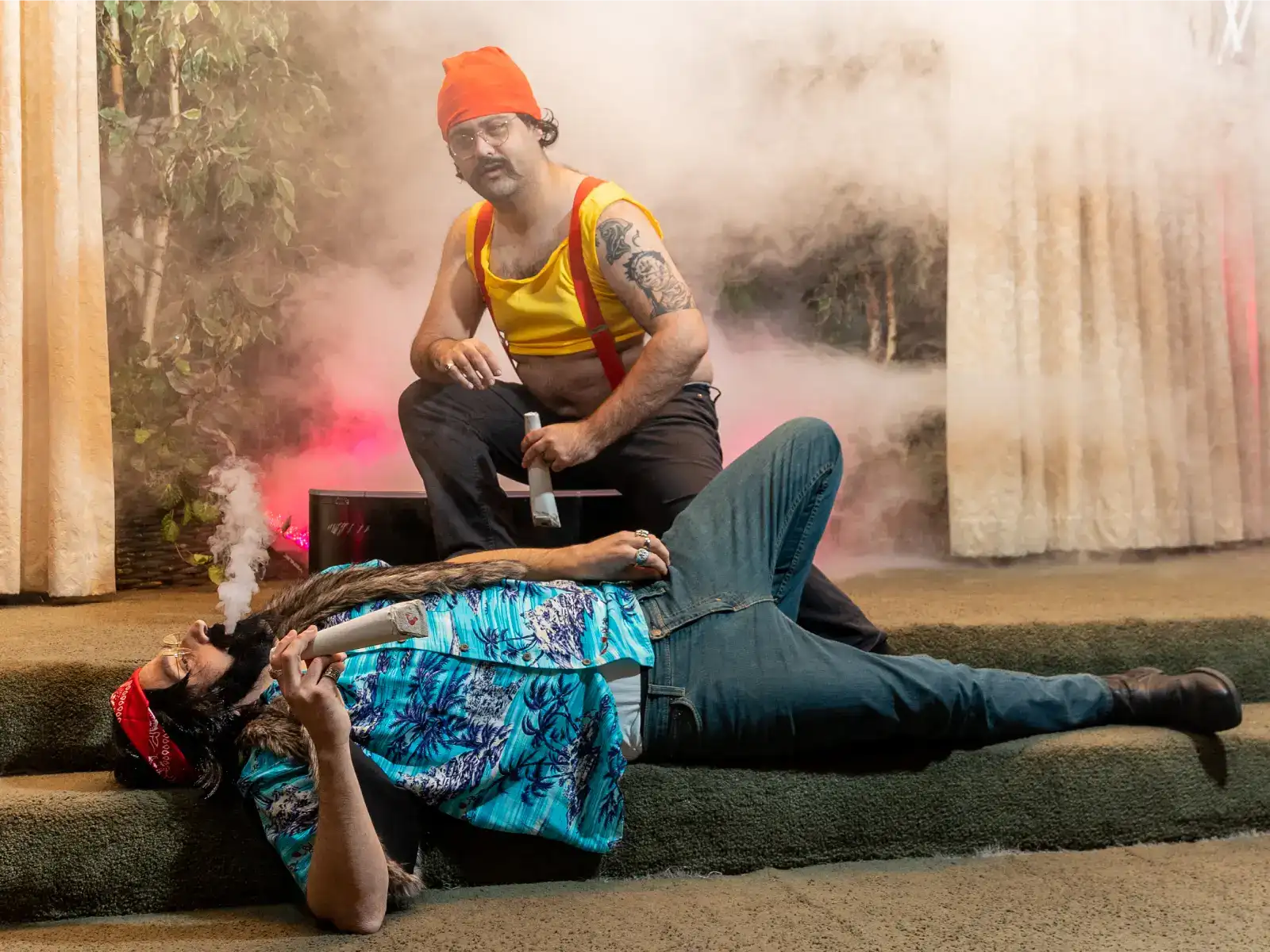 comedic wedding performers acting out funny scene with smoke effects las vegas chapel