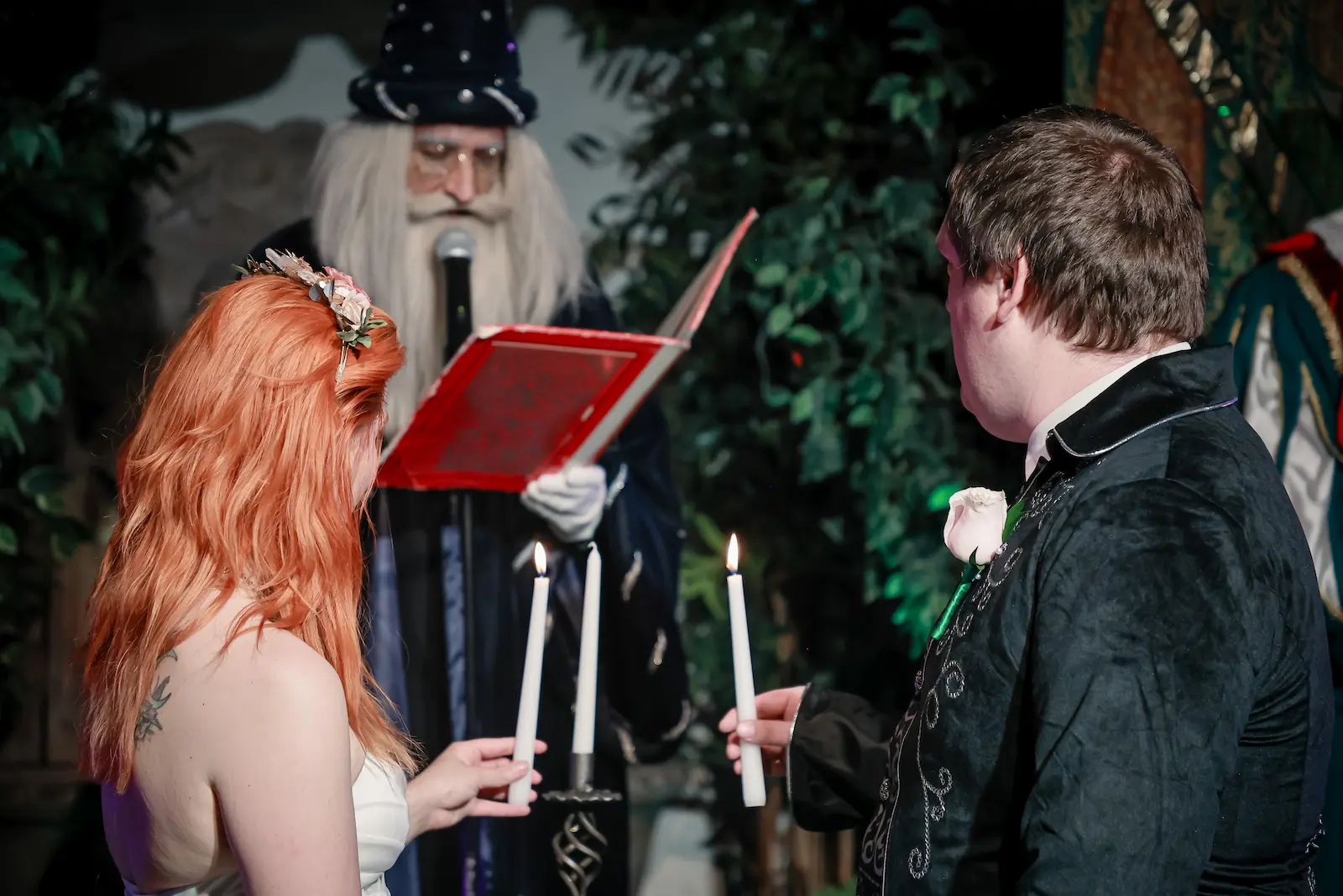 redhead bride groom unity candle ceremony wizard officiant fantasy wedding