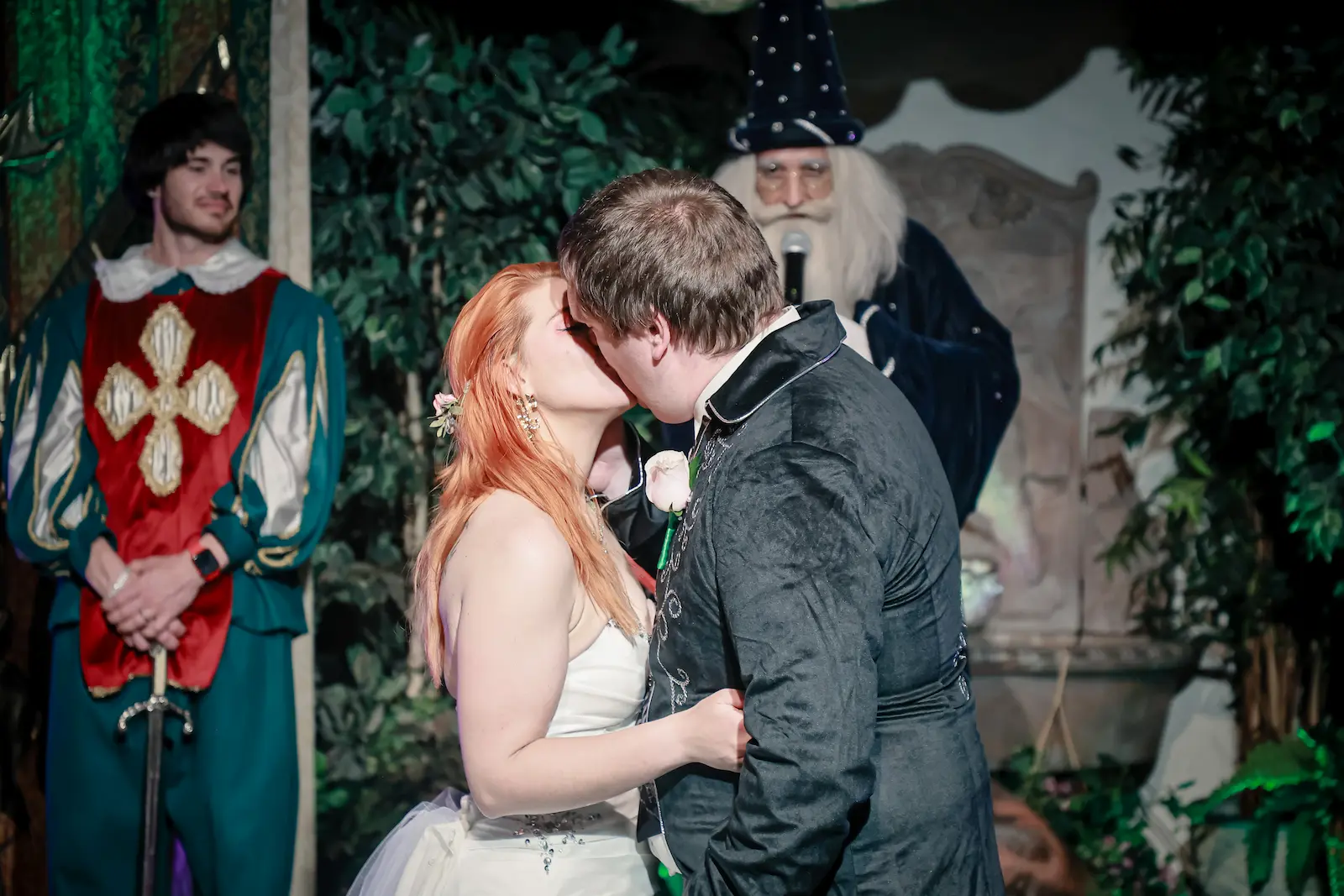 redhead bride groom first kiss wizard officiant fantasy Las Vegas wedding