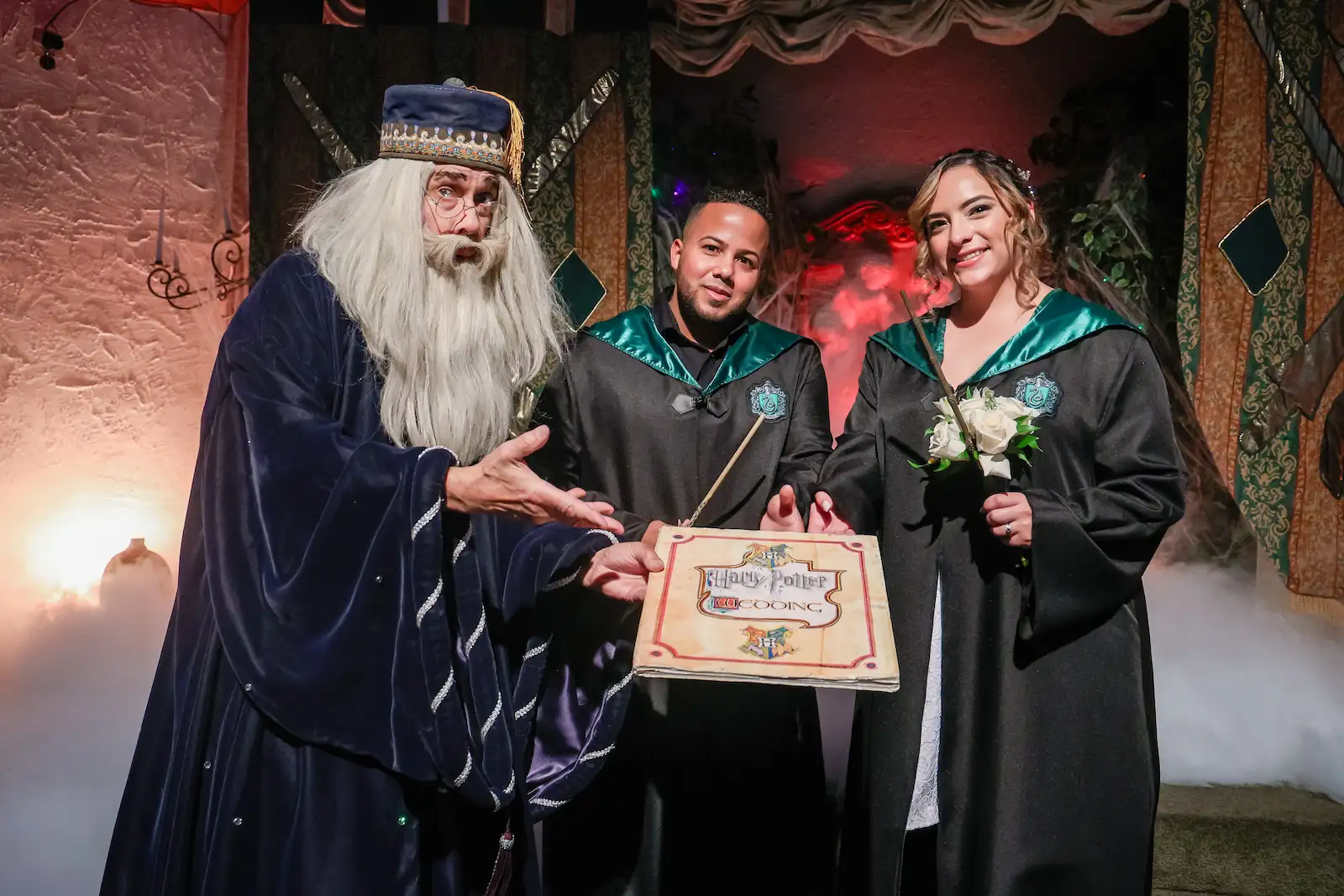 newlyweds Slytherin robes wizard officiant Harry Potter wedding certificate