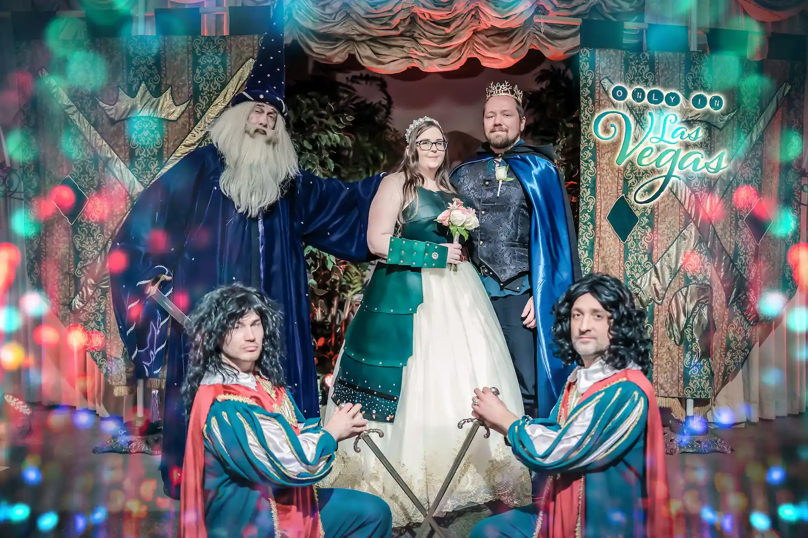 fantasy royal wedding couple wizard officiant kneeling guards Las Vegas