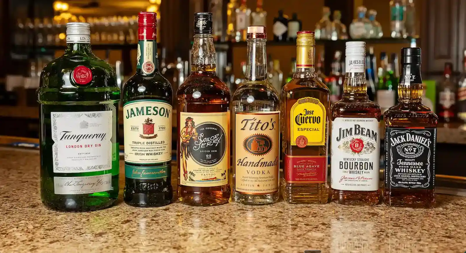 Premium spirits including Tanqueray, Jameson, Tito